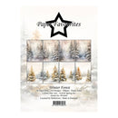 Packaging card for a HobbyGrs 'Paper Favourites' winter forest paper pack, showing six illustrated snowy forest panels and product details including 24 designs, 200gsm, and single-sided format.