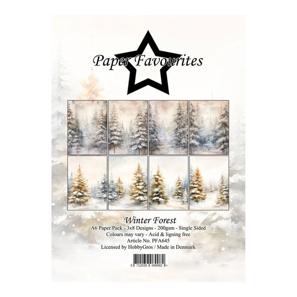Packaging card for a HobbyGrs 'Paper Favourites' winter forest paper pack, showing six illustrated snowy forest panels and product details including 24 designs, 200gsm, and single-sided format.