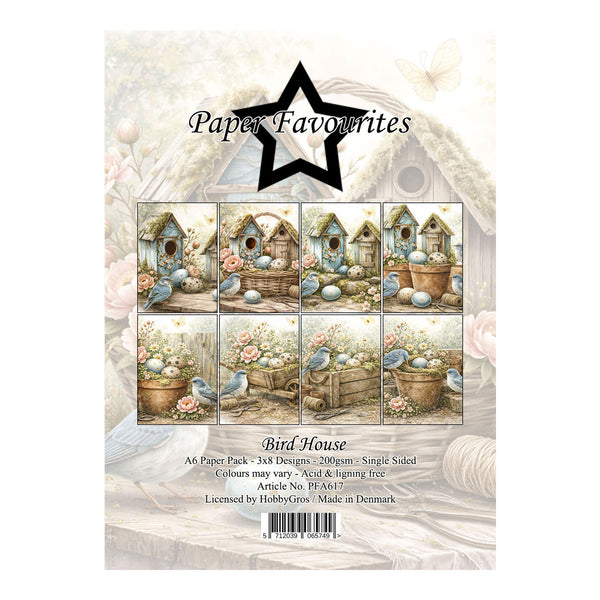Packaging of 'Bird House' paper pack by Paper Favourites with illustrations of birdhouses and birds.