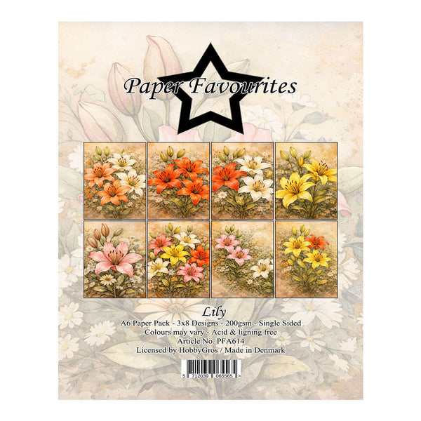 Packaging of 'Paper Favourites' with images of lilies on a floral background.