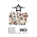 Product information card for 'Paper Favourites' Cozy Winter die-cuts, showing a central illustration of a snowy winter village scene with a lantern, sleigh, red truck, candles, stockings, and a bird, plus product text and barcode on a white background.