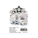 A die-cut sticker or craft paper design featuring a frosted winter landscape with a small stone bridge, bare trees, and snow-covered shrubs. The design includes the text 'Paper Favourites' at the top and product details printed below on a white background.