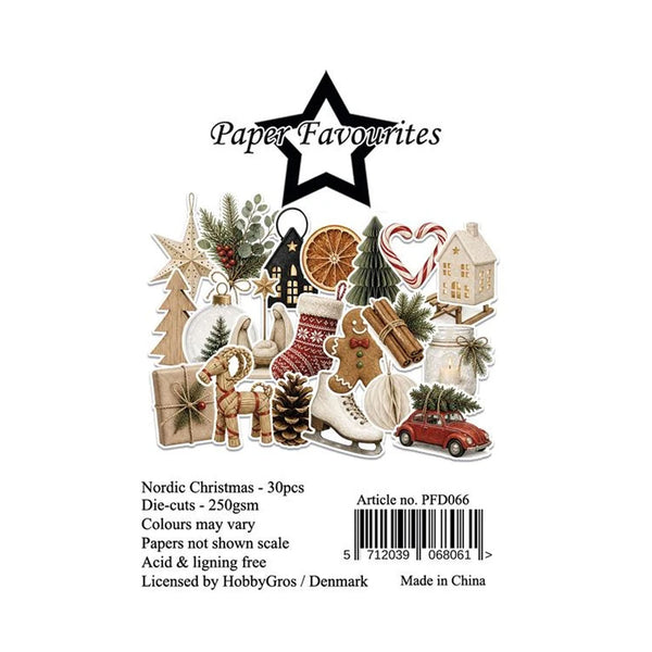 Product packaging for a set of 30 'Paper Favourites' die-cuts featuring a Nordic Christmas theme, including gingerbread men, a red car, a stocking, and pinecones, shown on a white background with product details and a barcode.