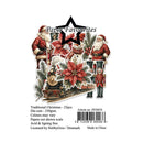 Christmas-themed die-cut sticker pack label from Paper Favourites, showing Santa Claus, a snowman, a nutcracker, a steam train, poinsettias, pine branches, and a black star outline, with product text and a barcode below on a white background.