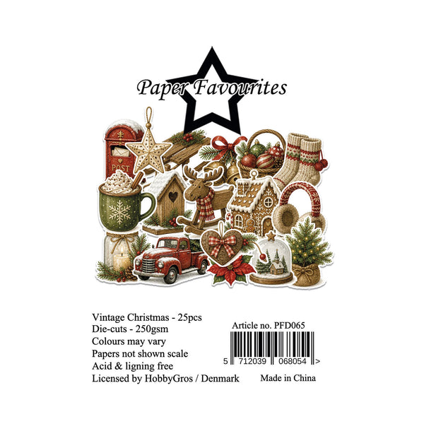 Packaging card for a set of 25 vintage Christmas die-cuts stickers by Paper Favourites, licensed by HobbyGros. The card features a collection of illustrated stickers including a red vintage car, gingerbread house, mug of hot chocolate, Christmas tree, and holiday ornaments, with product details and a barcode at the bottom.