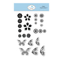 A sheet of black floral and butterfly line-art stamp designs on a white background, with a light blue header card at the top reading Elizabeth Craft Designs and CS5461 Flower Centers 3.