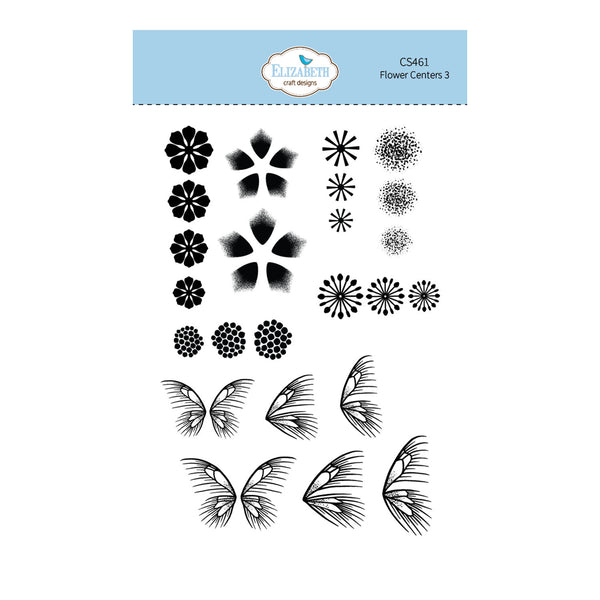 A sheet of black floral and butterfly line-art stamp designs on a white background, with a light blue header card at the top reading Elizabeth Craft Designs and CS5461 Flower Centers 3.