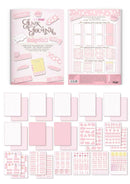 Pink planner insert set with a journal cover, a weekly planner page, and multiple sheets of stickers, cards, and labels in pastel pink, white, and light yellow.