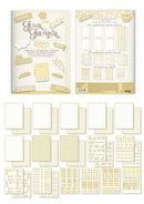 A planner or journaling kit shown flat on a white background, including a decorated journal cover page, a weekly planner page, and multiple sheets of cream and pale yellow paper and stickers.