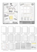 A planner or journaling accessory set shown as a flat lay on a white background, including a decorated cover sheet, an interior page with boxes and text blocks, multiple blank cardstock sheets, and several sticker sheets with gray and pale yellow designs.
