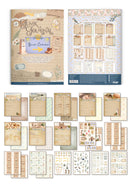 A collage showing a scrapbook journaling kit package and many included paper sheets, stickers, and embellishments on a plain white background. The package reads 'Ink Journal' and 'Scrapbook Basics' with 'Bree Cameron' visible, and the kit contains beige vintage-style papers, floral decorations, and small illustrated elements.