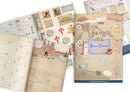 A collage of Spanish-language journaling and scrapbook paper sheets with vintage-inspired designs, including maps, crosses, shells, lighthouses, and decorative text blocks, arranged on a white background.