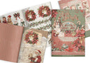A Christmas-themed scrapbook journal set displayed open and closed, featuring vintage holiday illustrations, red poinsettias, musical notes, and festive patterns.