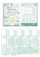 A planner sticker kit set displayed on a white background, featuring a 'Flirty Journal' miniy candy themed book cover, an instruction sheet, and multiple sheets of stickers in mint green, white, and light yellow.