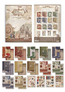 Collection of vintage-style paper sheets with decorative designs on a white background