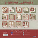 Back cover of a scrapbook paper pack titled 'Christmas Memories' showing a grid of 14 double-sided patterned paper sheets with holiday designs, surrounded by a red footer with product details and social media links.