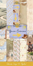 A collage-style product image for a scrapbook paper collection titled 'Camino de Santiago Buen Camino' with multiple pastel patterned papers showing landscapes, arrows, boots, maps, and travel-themed designs.