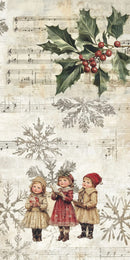 Vintage Christmas-themed print featuring three children in winter clothing standing among holly leaves and snowflakes over aged musical sheet music.