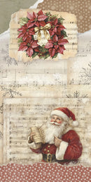 Vintage-style Christmas collage artwork featuring a red poinsettia wreath with a gold bow on aged sheet music, and an illustration of Santa Claus reading a letter near the bottom.