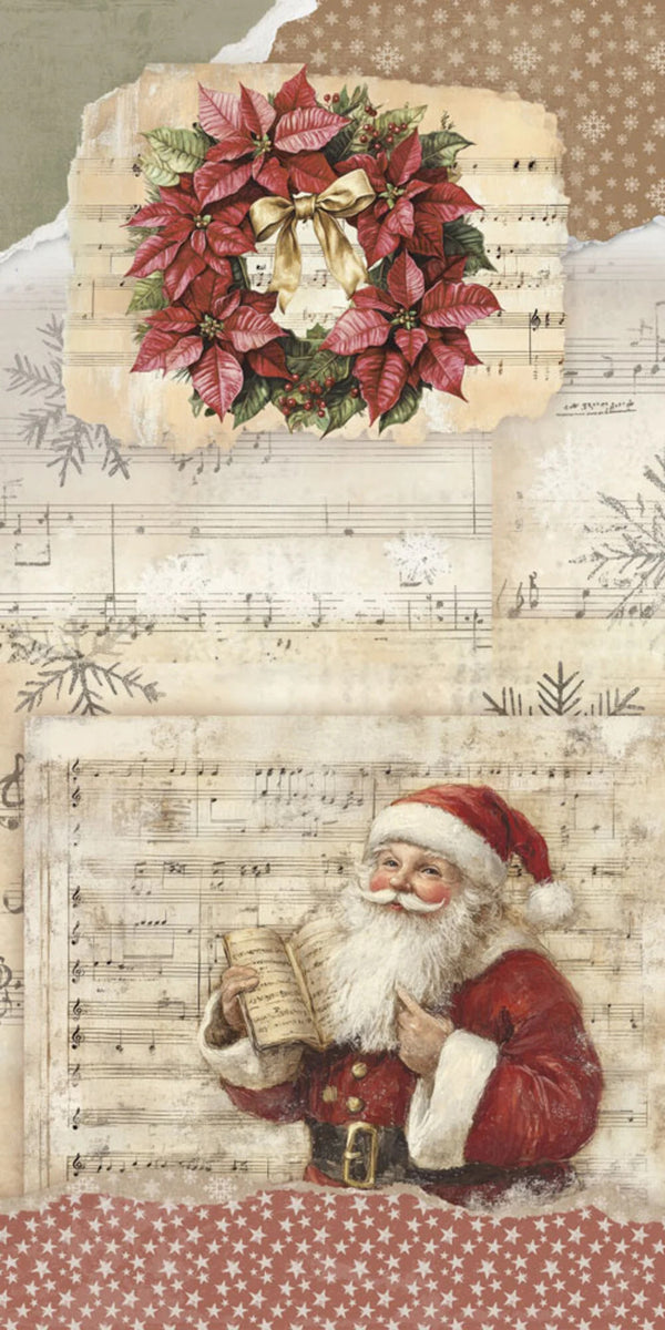 Vintage-style Christmas collage artwork featuring a red poinsettia wreath with a gold bow on aged sheet music, and an illustration of Santa Claus reading a letter near the bottom.