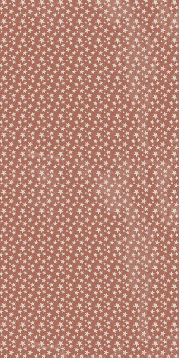 A close-up of a terracotta or dusty rose fabric patterned with a dense, repeating white star print.