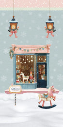 A festive winter illustration of a small shop front with hanging lanterns, snow on the ground, a rocking horse, and a sign reading Merry.