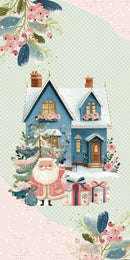 A festive Christmas illustration featuring a blue cottage with snow-covered roofs, a Santa Claus figure in pink and white standing beside a decorated tree, wrapped gift boxes, and floral accents on a pastel background.