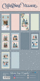 Christmas Village scrapbooking paper sheet featuring various illustrated card designs, templates, and decorative elements in pastel winter colors, with 'CHRISTMAS VILLAGE' written at the top.