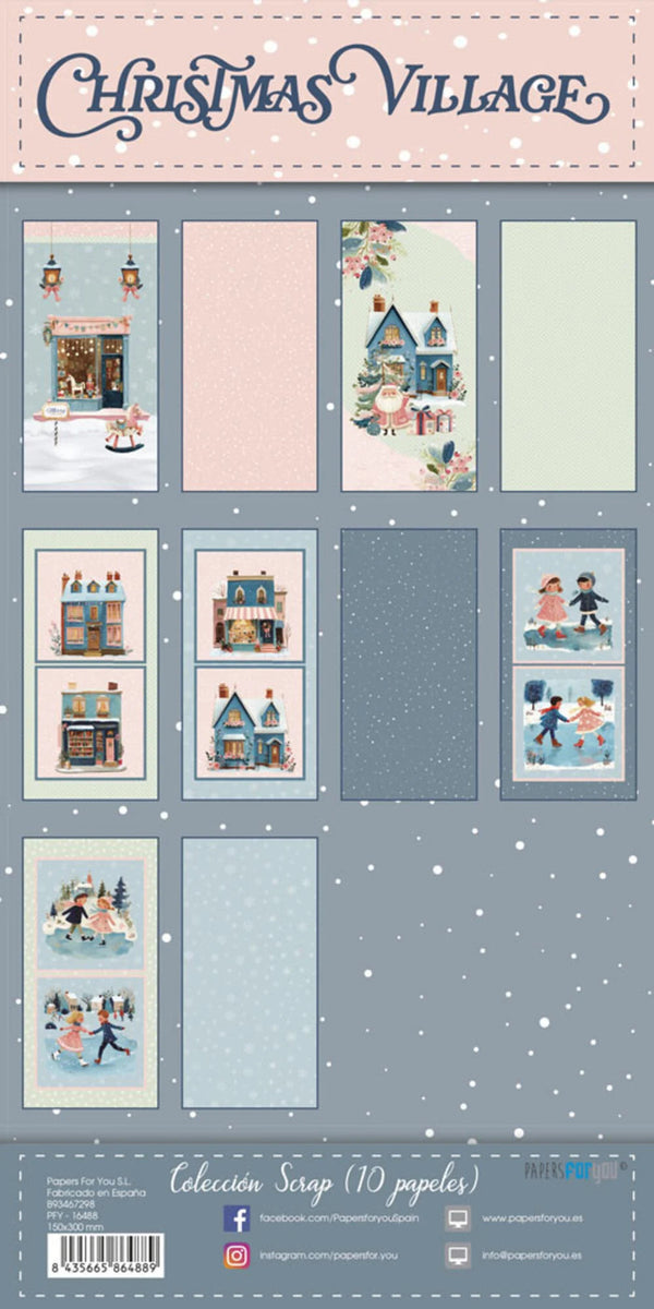 Christmas Village scrapbooking paper sheet featuring various illustrated card designs, templates, and decorative elements in pastel winter colors, with 'CHRISTMAS VILLAGE' written at the top.
