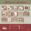 A collage of multiple scrapbook paper sheets arranged on a patterned background, with the title 'Christmas Memories' at the top and a red footer showing product details, social media, and website information. The papers feature holiday designs such as wreaths, ornaments, Christmas trees, plaid, and vintage festive illustrations.