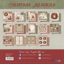 A collage of multiple Christmas-themed scrapbook paper sheets arranged on a patterned background, with the title 'Christmas Memories' at the top and a red footer showing product details, social media, and website information. The papers feature vintage holiday designs including wreaths, Santa, ornaments, plaid, and festive illustrations.