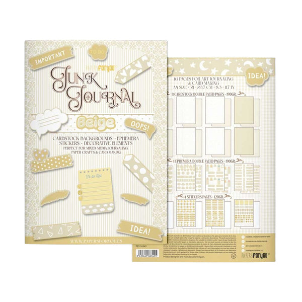 Pangolin 'Junk Journal' Beige sticker and decorative element set, showing the front cover and the back sheet layout on a plain white background.