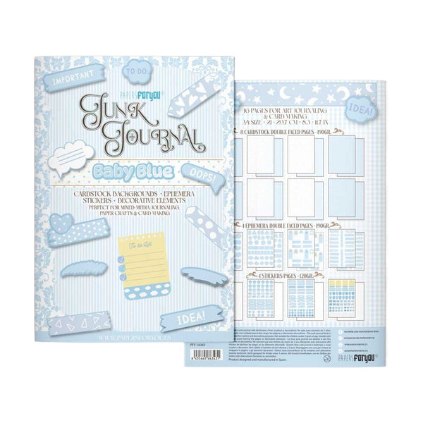 A baby blue Funk Journaling kit by Port & Company, showing the decorated front cover and the contents sheet with various stickers, double pages, and decorative elements.