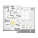 A stationery set shown on a white background: a grey-themed journaling sticker sheet cover in front, with a second sheet partially visible behind it. The packaging and sheet use soft gray, white, and silver tones with small pastel accents and text including 'Pink Pony!' and 'Journaling Stickers'.