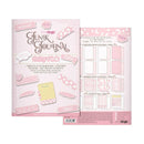 A pink stationery set shown against a white background, featuring a journal cover and an open sticker/decorative sheet. The cover reads 'Funky Journal' and 'Baby Pink,' with pastel pink, white, and yellow decorative elements and planner sticker pages visible inside.