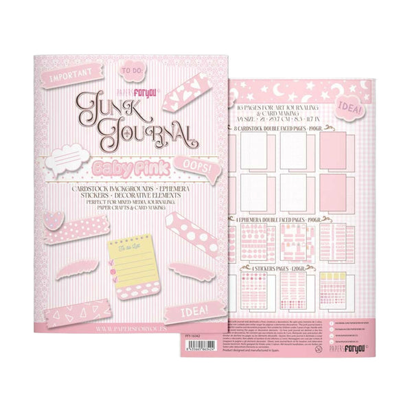 A pink stationery set shown against a white background, featuring a journal cover and an open sticker/decorative sheet. The cover reads 'Funky Journal' and 'Baby Pink,' with pastel pink, white, and yellow decorative elements and planner sticker pages visible inside.