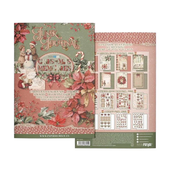 A Christmas-themed scrapbooking journal set shown with the front cover and a sheet of included embellishments. The cover features festive red poinsettias, a snowman, candy canes, and the title 'Jolly Journal' on a muted green and pink background.