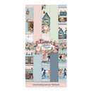 A vertical sheet of scrapbook paper featuring a Christmas village pattern with multiple vertical panels in pastel colors. The designs include houses, Santa Claus, children playing, storefronts, and snowy scenes in pink, blue, gray, and mint tones.