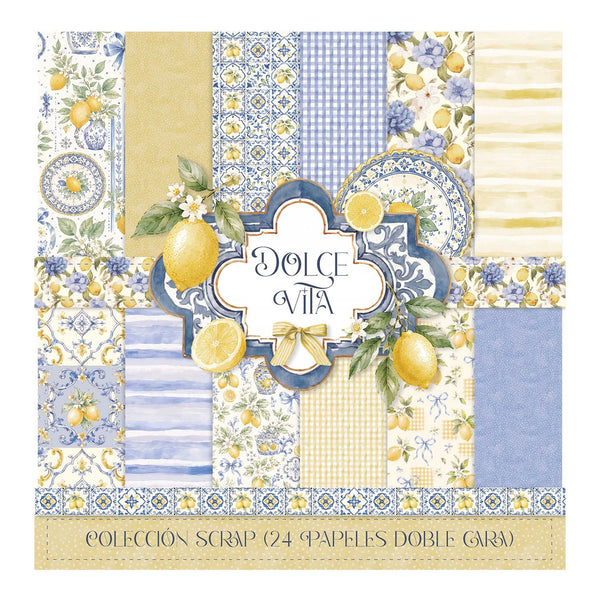 A square paper scrapbook pattern sheet featuring a lemon and blue floral design. The sheet displays multiple patterned panels in blue, yellow, and white, including gingham, stripes, and floral motifs, with a central decorative label reading 'DOLCE VIDA' surrounded by lemons and flowers.