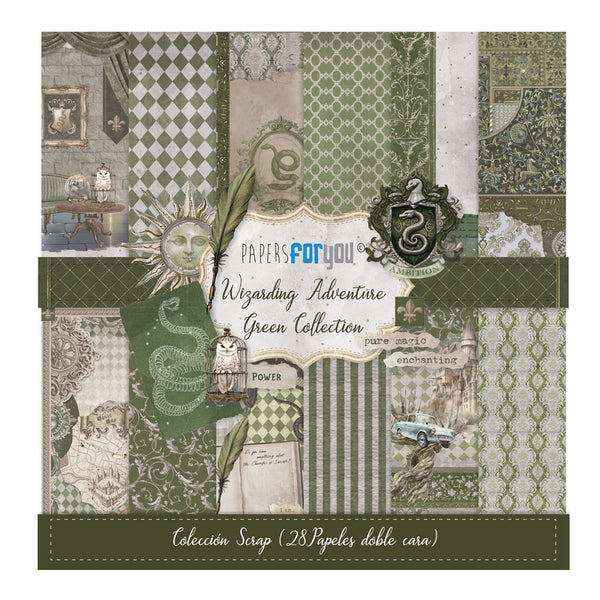 Scrapbooking paper pad with green and brown patterns and designs on a white background.