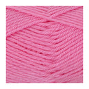 A close-up of bright pink yarn strands wound together, filling most of the frame against a white border.