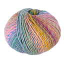 A ball of variegated yarn with pastel shades of pink, blue, green, yellow, and purple, isolated on a white background.