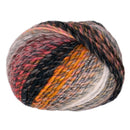 A single ball of variegated yarn with a multicolor pattern of orange, pink, black, gray, and white, isolated on a white background.