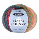 Ball of Patons Sierra Chunky yarn with multicolor pattern on a white background