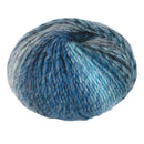 A single ball of variegated yarn in shades of blue, teal, and gray, isolated on a white background.