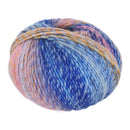A single ball of variegated yarn with blended shades of blue, pink, purple, and orange, isolated on a white background.