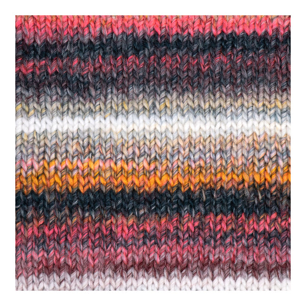 A close-up of a knitted fabric swatch with horizontal stripes in pink, black, gray, white, and orange, showing a textured knit pattern.