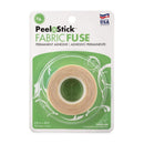 Peel n Stick Fabric Fuse 5/8 inch tape roll in its original retail packaging, featuring beige adhesive fabric tape on a green and white backing card.