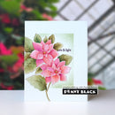 A handmade greeting card featuring two pink watercolor flowers with green leaves and the words 'love & light', photographed standing upright against a blurred outdoor background with the text 'papercrafting with Penny Black' and 'PENNY BLACK' visible.