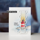 Card with a lighthouse design and 'Penny Black' branding on a blurred background